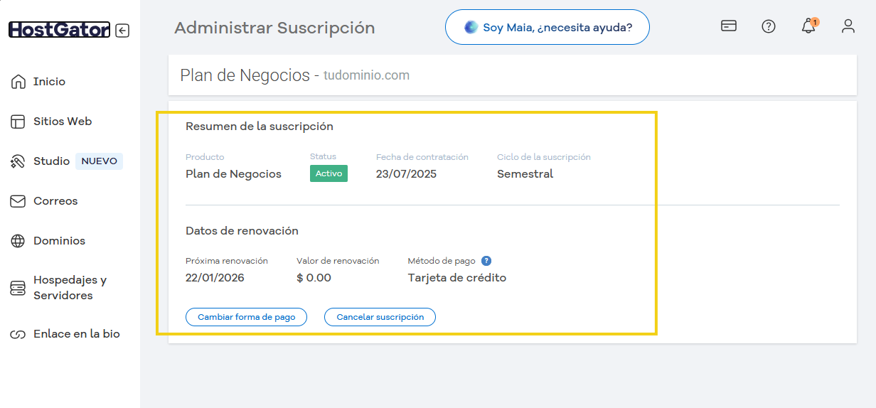 pantallas de portal del cliente resumen de la suscripciones