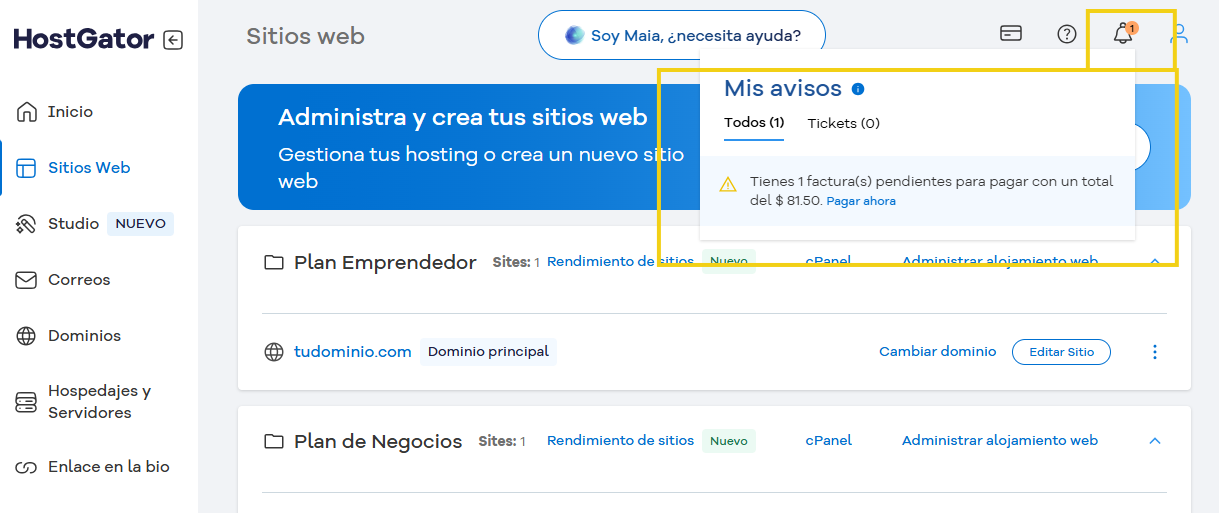 pantalla de portal del cliente en el menu superior del icono de campanas