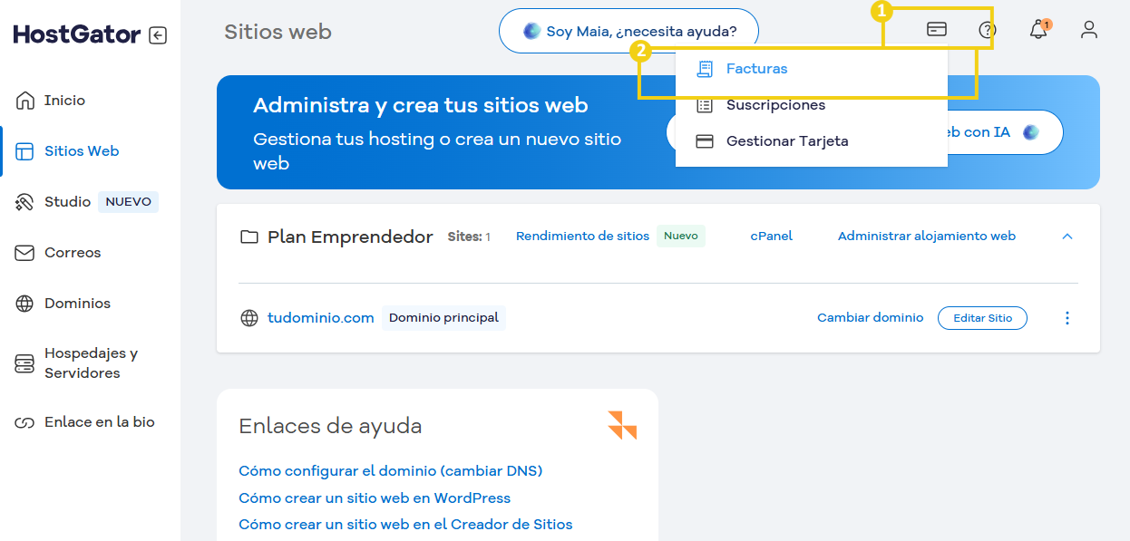 Tela de painel de controle do HostGator gerenciando sites web, com opções de faturamento, domínios, e suporte técnico para criar e administrar sites.