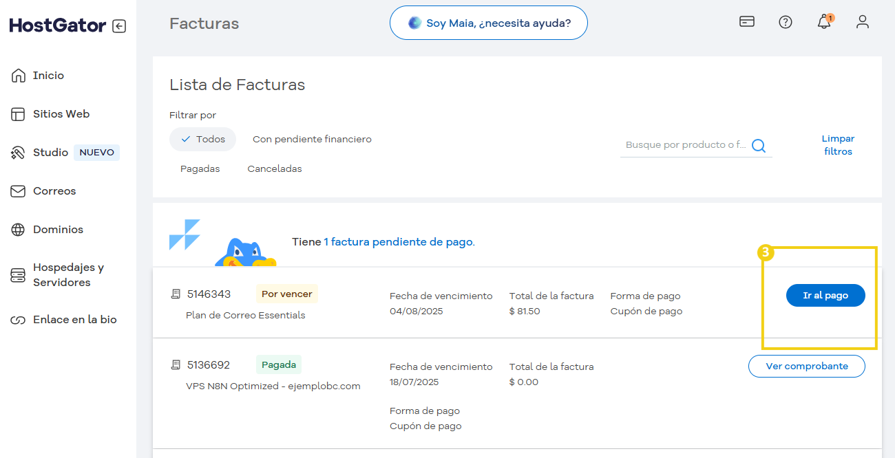 Captura de pantalla de la lista de facturas en el panel de control de HostGator que muestra una factura pendiente de pago y otra ya pagada, destacando el boton de ir al pago