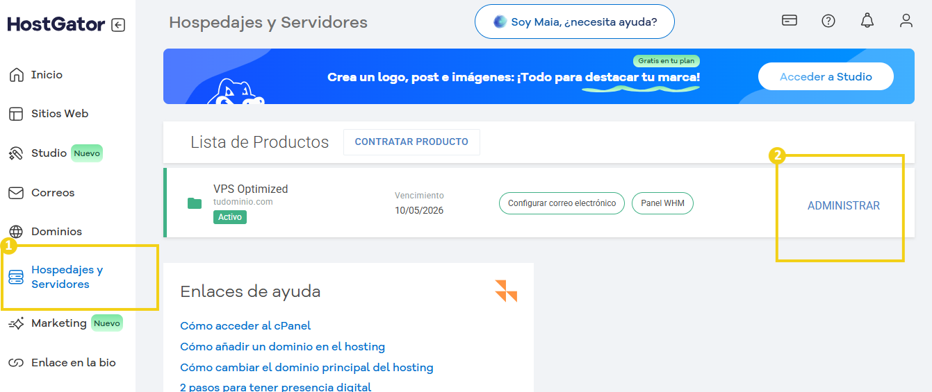 Pantalla del portal del cliente destacando en el menu lateral hospedagens y servidores y despues administrar de un vps linux con whm