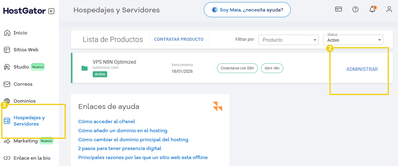 Pantalla del portal del cliente destacando en el menu lateral hospedagens y servidores y despues administrar de un vps con n8n