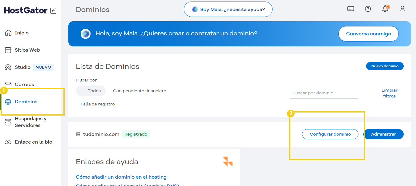 Imagen de la plataforma HostGator mostrando opciones de gestión de dominios y configuraciones de DNS, ideal para quienes buscan crear o contratar un dominio en el alojamiento de sitios