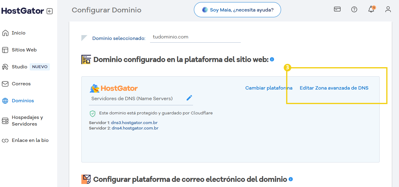 Imagen de la configuración de dominio en el panel de HostGator, mostrando opciones para editar la zona avanzada de DNS y configurar el dominio en la plataforma.