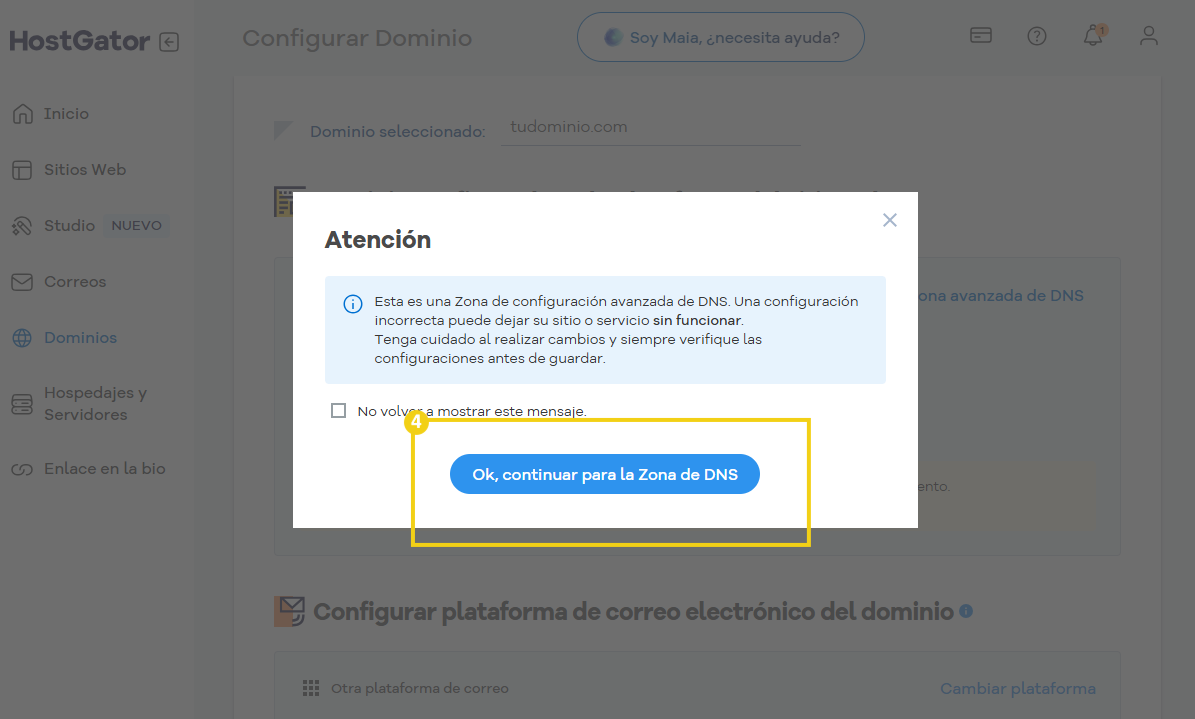 Imagen mostrando la configuración de una zona avanzada de DNS en el panel de HostGator, con paso a paso para continuar la configuración del DNS del dominio.