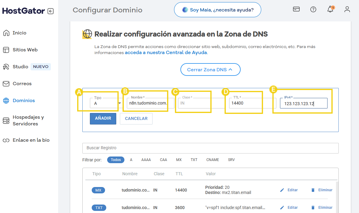 Imagen de una pantalla de configuración avanzada en la zona de DNS de HostGator, exhibiendo campos para editar tipo, nombre, clase, TTL e IPv4.