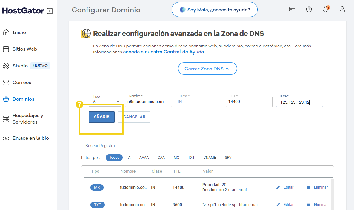 imagen del portal en la parte de zona de dns, destacando el botón de agregar