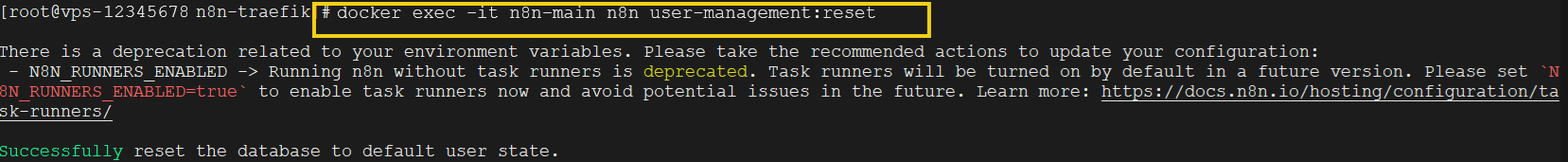 Imagen de un terminal de comando que muestra un comando Docker para restablecer la gestión de usuarios con éxito.