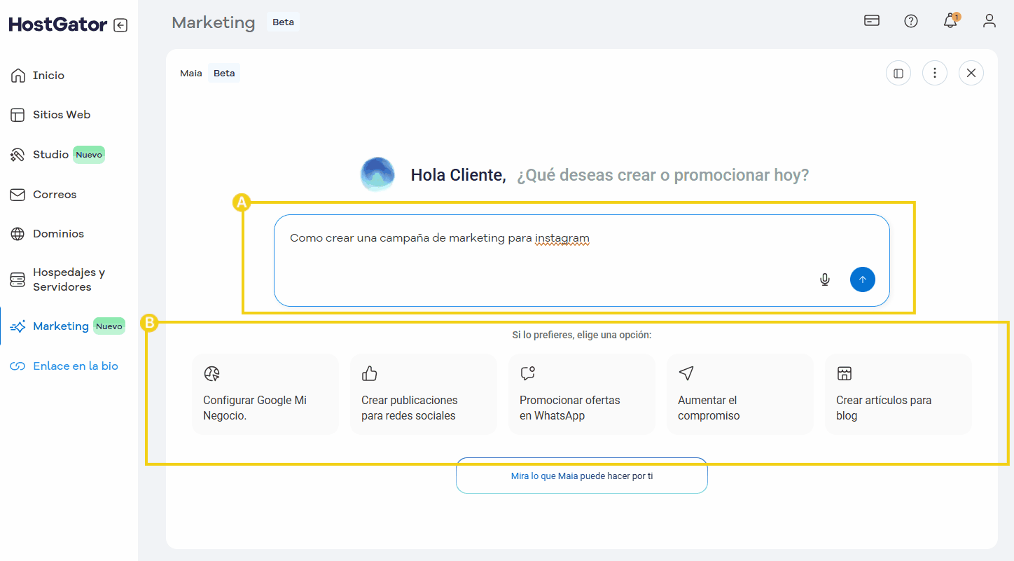 Pantalla de marketing digital en HostGator mostrando opciones para crear campañas en Instagram, publicar en WhatsApp, divulgar ofertas y crear artículos para blog.