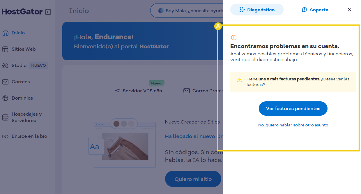 Imagen ilustrativa mostrando en el portal del cliente dentro de la sección Diagnostico que fue encontrado problemas en su cuenta