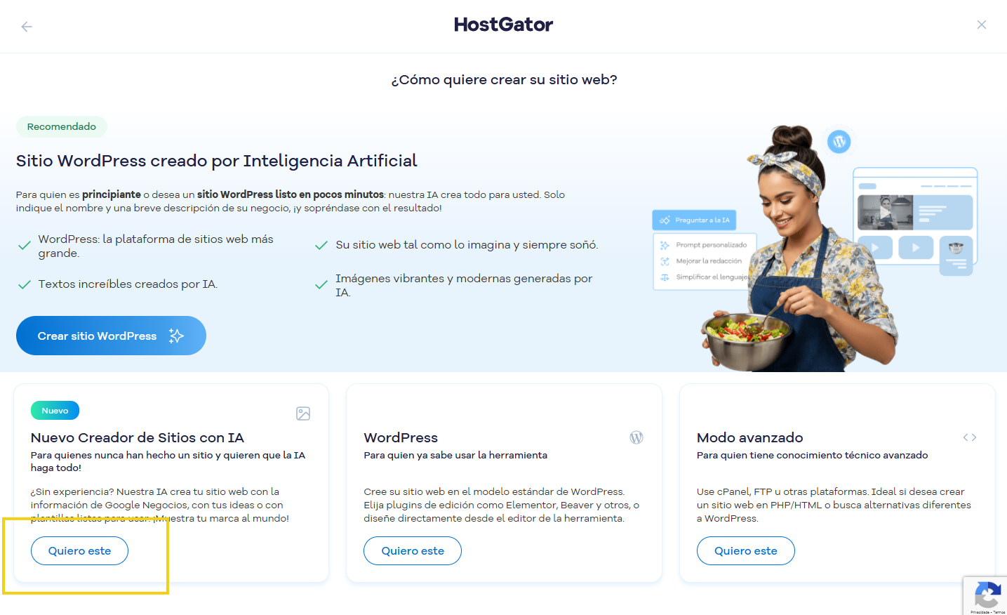 Pantalla mostrando las opciones de plataformas para crear un sitio,destacando el nuevo creador de sitios con IA el boton quiero este