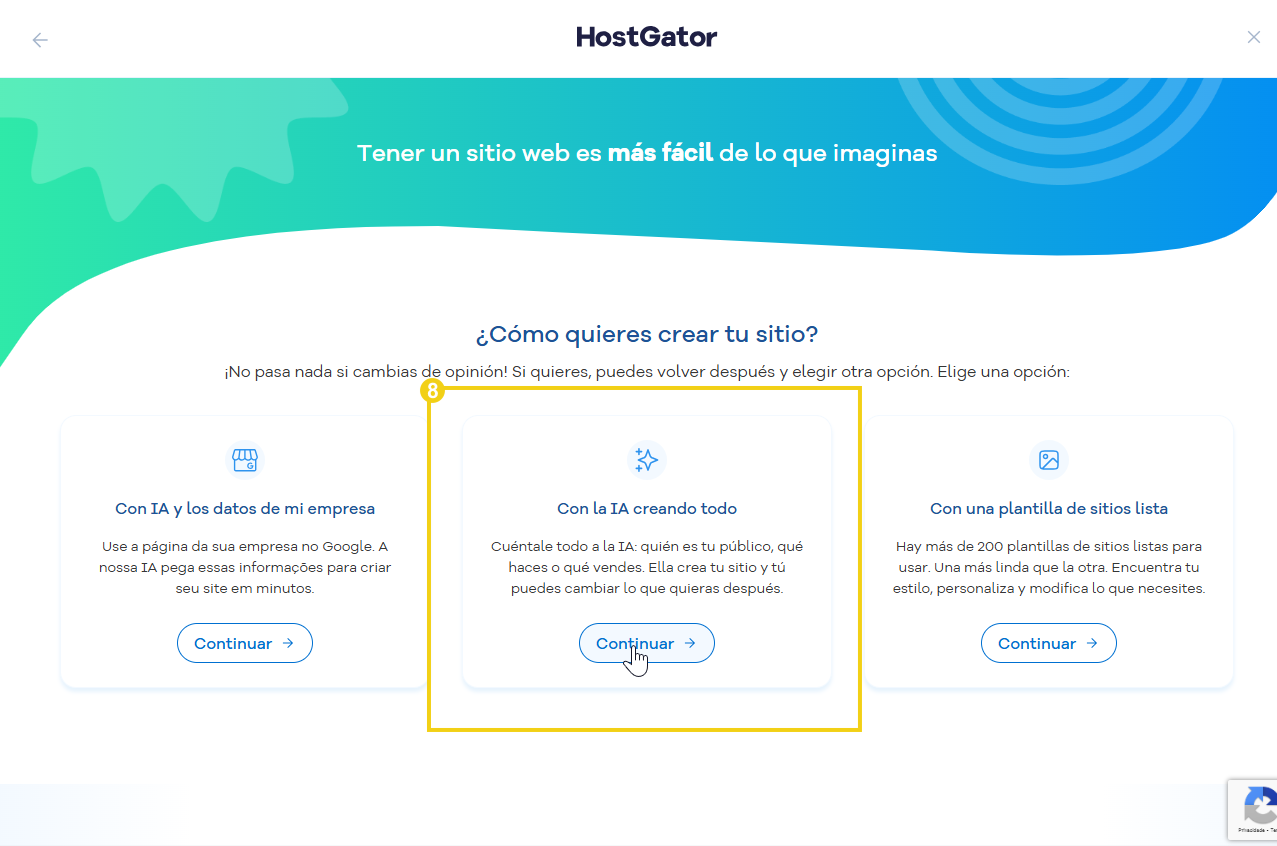 Imagen muestra destacada la opción Crear con sus ideas y con el botón "Continuar"
