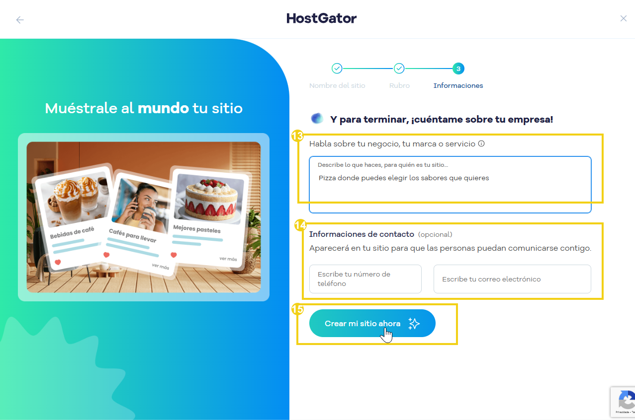 Captura de pantalla del proceso de creación de un sitio web en HostGator, incluido el registro de la información comercial, el contacto y la opción para completar la creación.