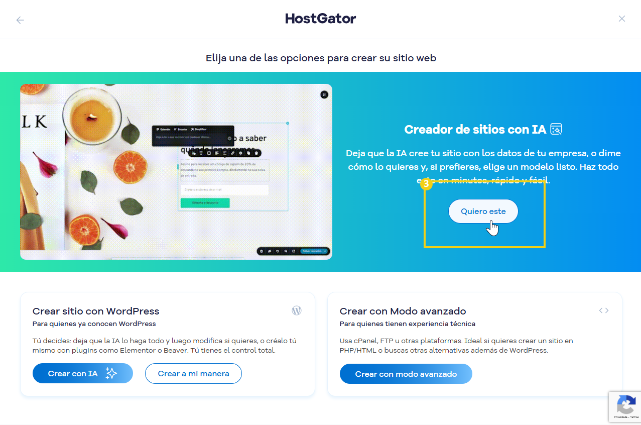 Pantalla del creador de sitios web impulsada por IA de HostGator, que muestra opciones para crear sitios web con WordPress y modo avanzado.