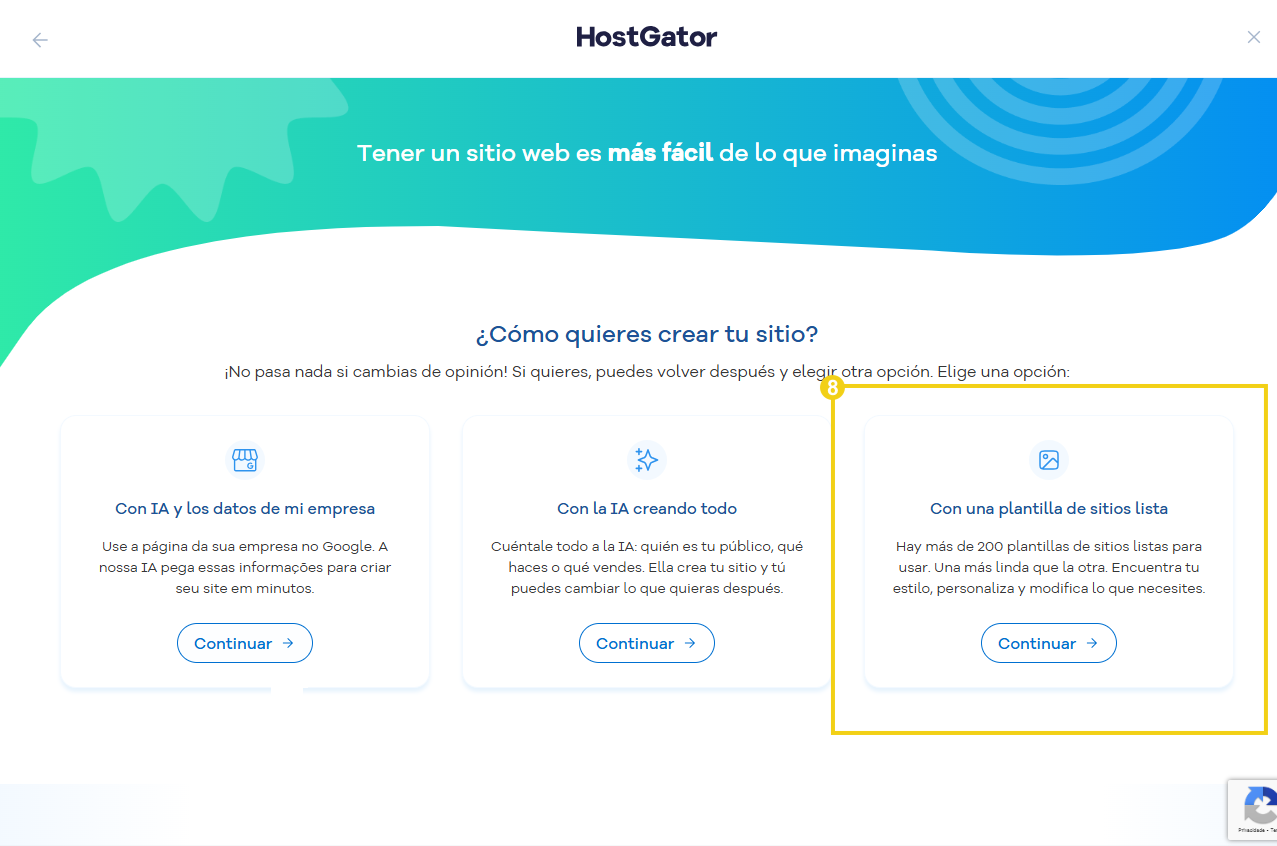 Imagen de la pantalla de un sitio web de HostGator que muestra opciones para crear un sitio web con IA, incluidas plantillas de sitios web listas para usar y tareas de configuración.