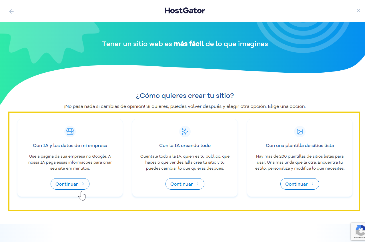 Pantalla de creación de sitios web con opciones de IA, datos de la empresa y plantillas de sitios web. Herramientas de IA que facilitan la creación de páginas web.