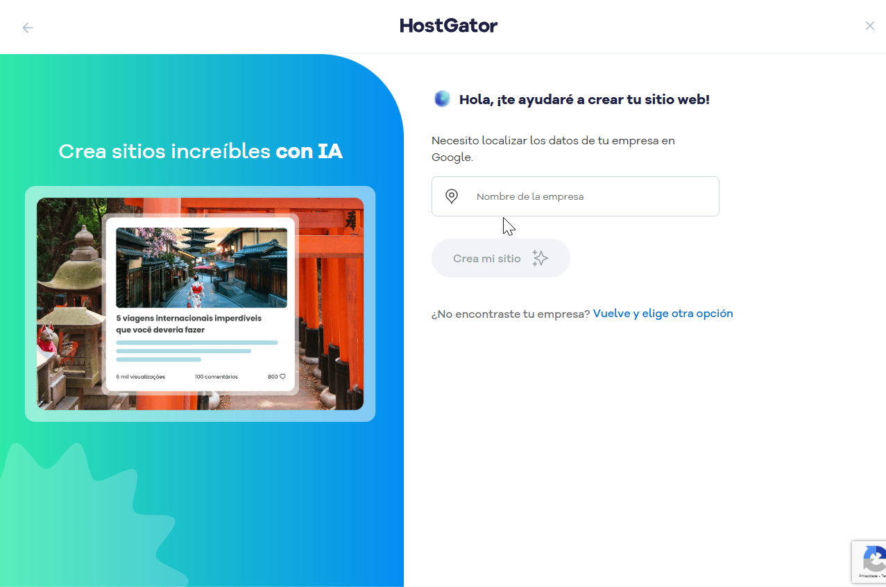 Pantalla de creación de sitios web impulsada por IA en HostGator, que muestra opciones para ingresar el nombre de la empresa y crear el sitio web fácilmente.