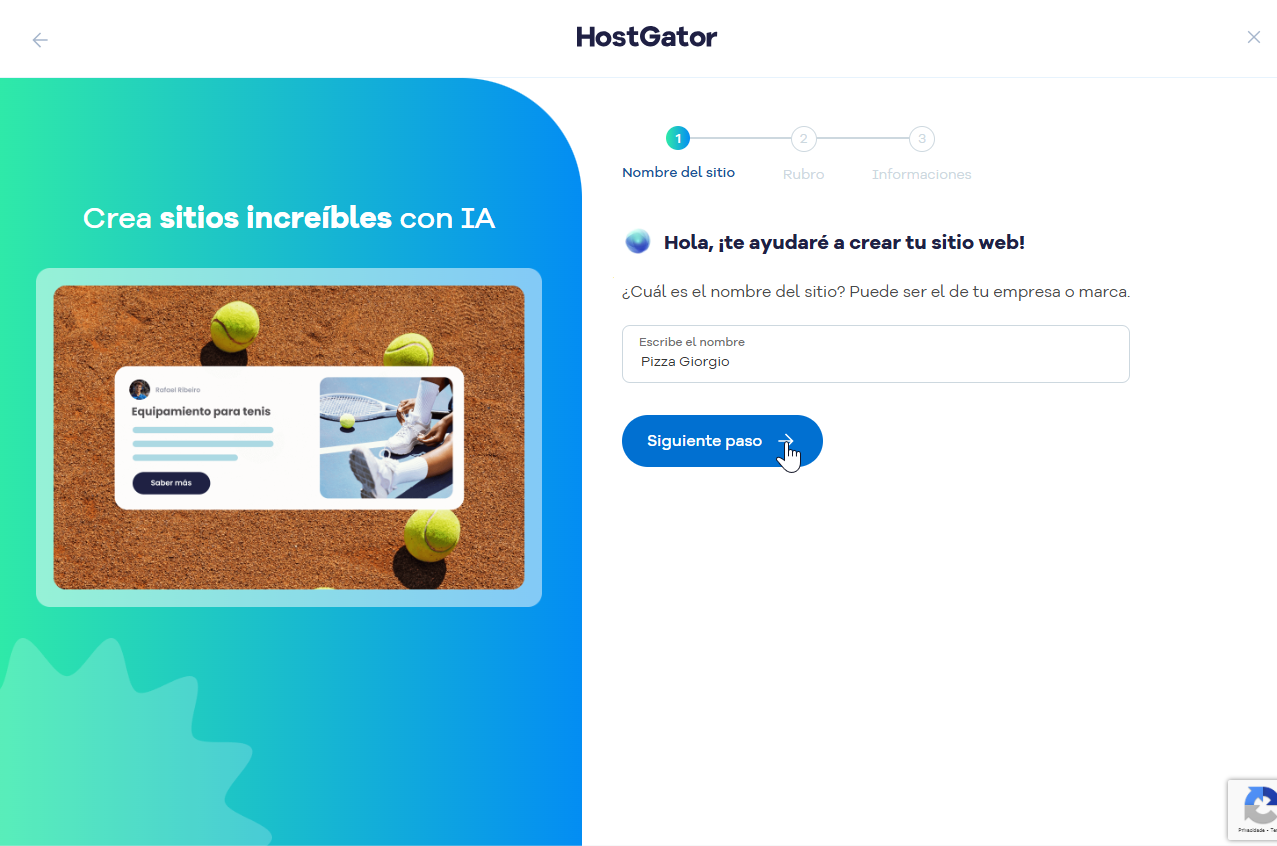 Creación de sitios web impulsada por IA en HostGator, que muestra un formulario de nombre de sitio web, un botón 'Siguiente paso' y una imagen del equipo de tenis.