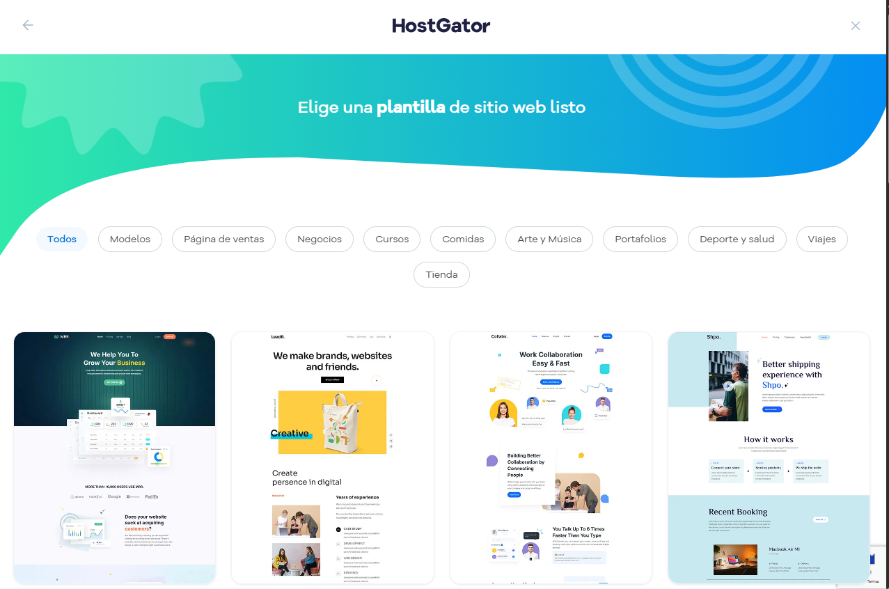 Captura de pantalla de una plataforma de creación de sitios web con múltiples opciones de plantillas de páginas web, incluidos negocios, comercio electrónico y carteras.