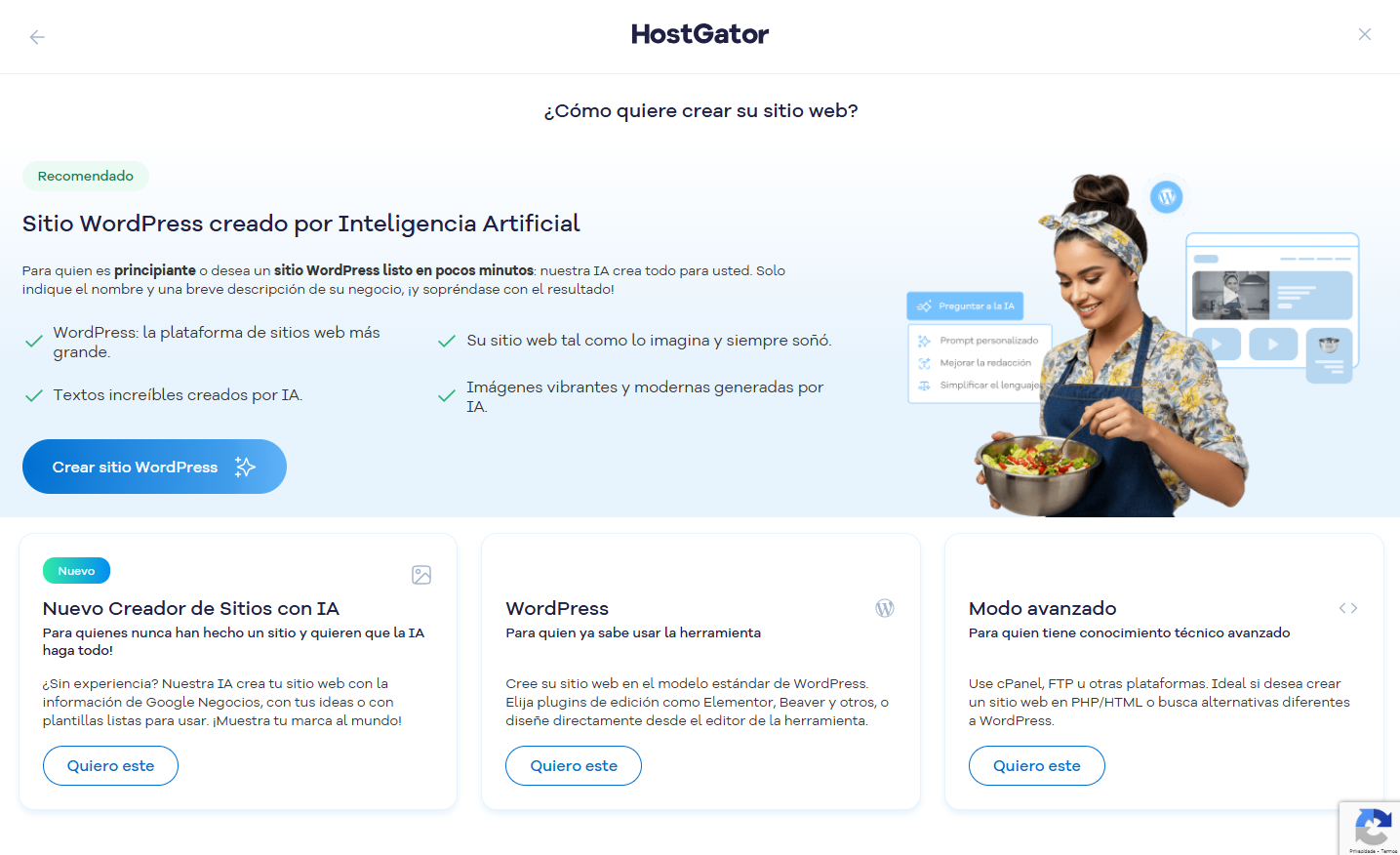 Pantalla mostrando las opciones de plataformas para crear un sitio,destacando el nuevo creador de sitios con IA el boton quiero este