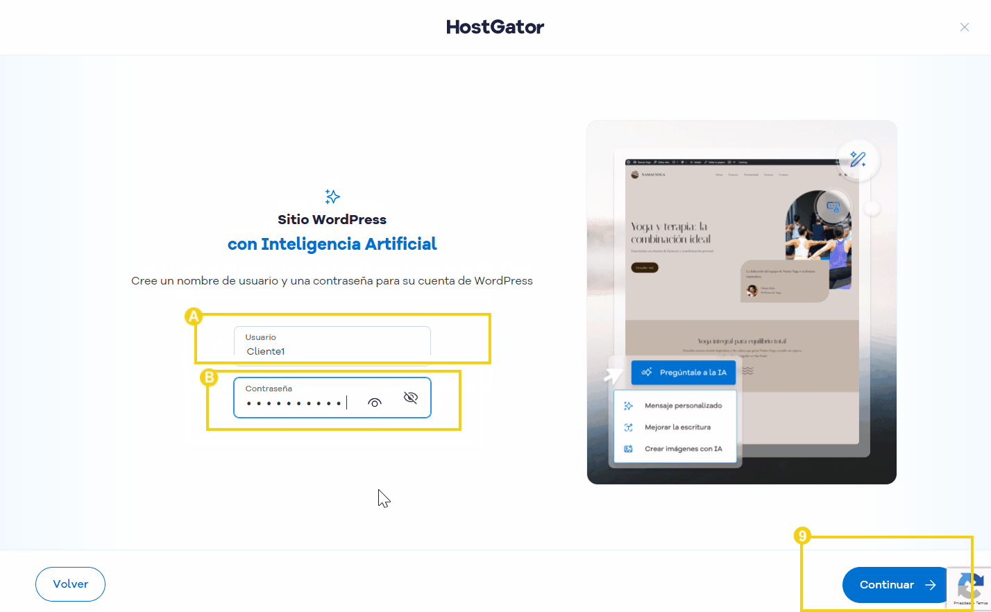 Pantalla del sitio web de HostGator que muestra la creación de sitios web de WordPress con tecnología de IA, con formulario de usuario y contraseña y botón de continuar.