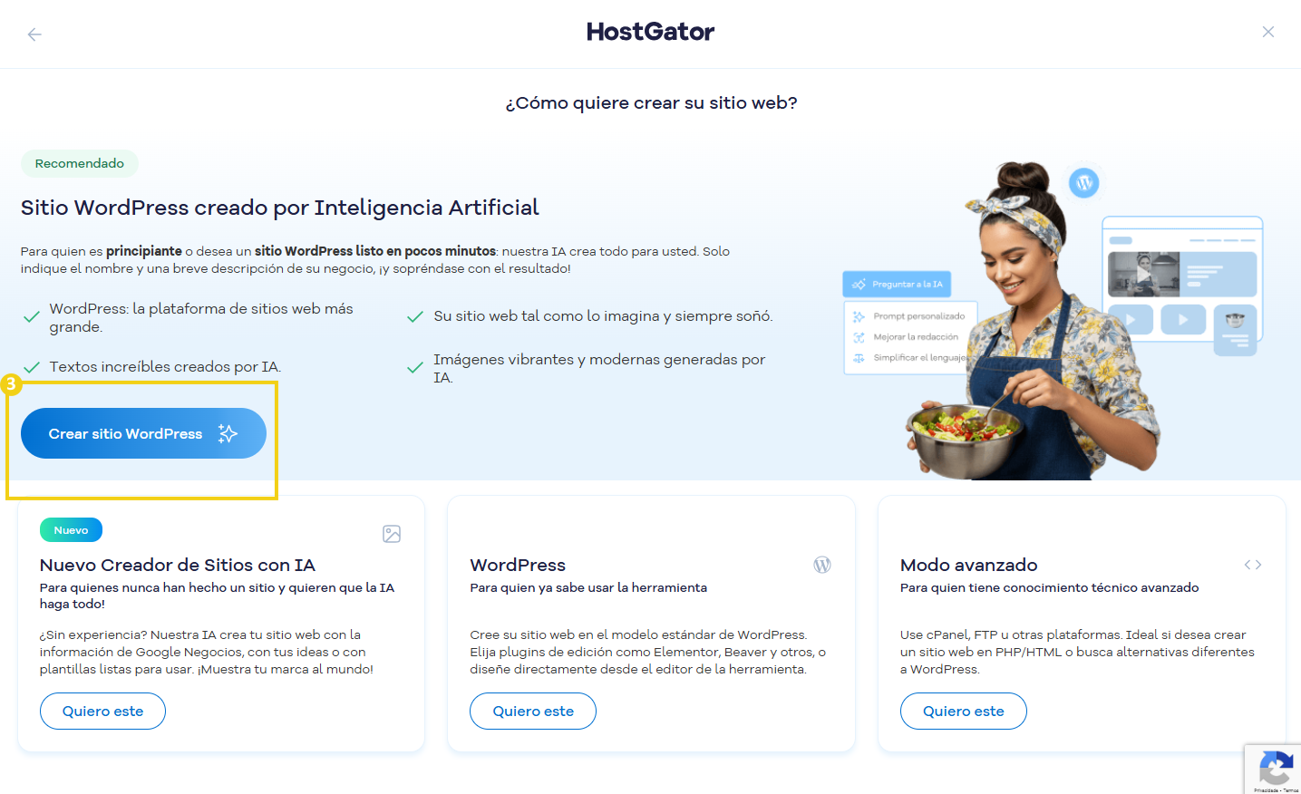 Pantalla mostrando las opciones de plataformas para crear un sitio,destacando wordpress con IA, y el boton crear sitio wordpress
