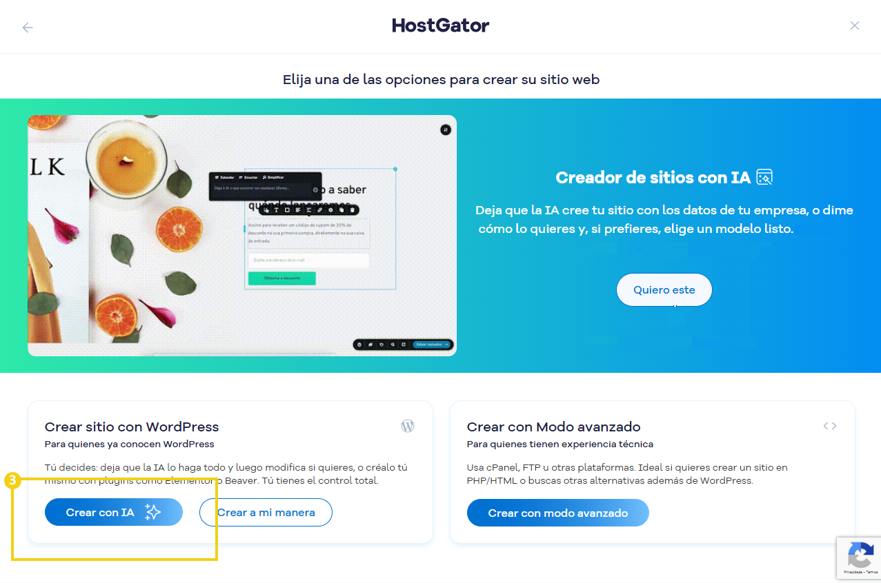 clic en crear sitio web con wordpress IA