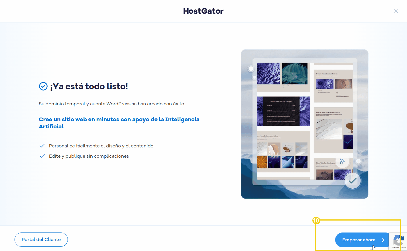 Captura de pantalla del sitio web de HostGator. Crea un sitio web con inteligencia artificial. Usuario haciendo clic en el botón 'Empezar ahora' para iniciar el proceso.