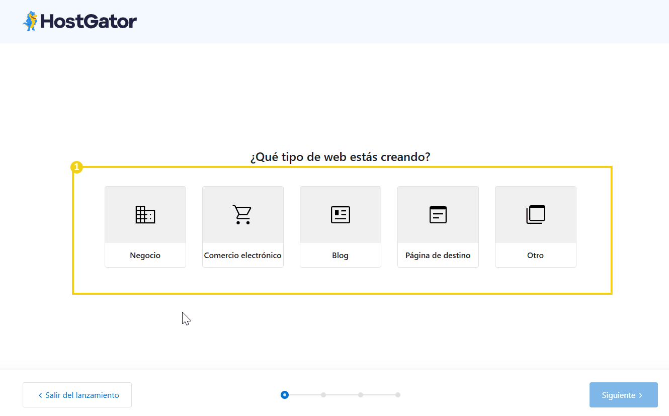 Interfaz de creación de sitios web en la plataforma HostGator con opciones para crear sitios web comerciales, de comercio electrónico, blogs, páginas de destino y otros tipos de sitios web.