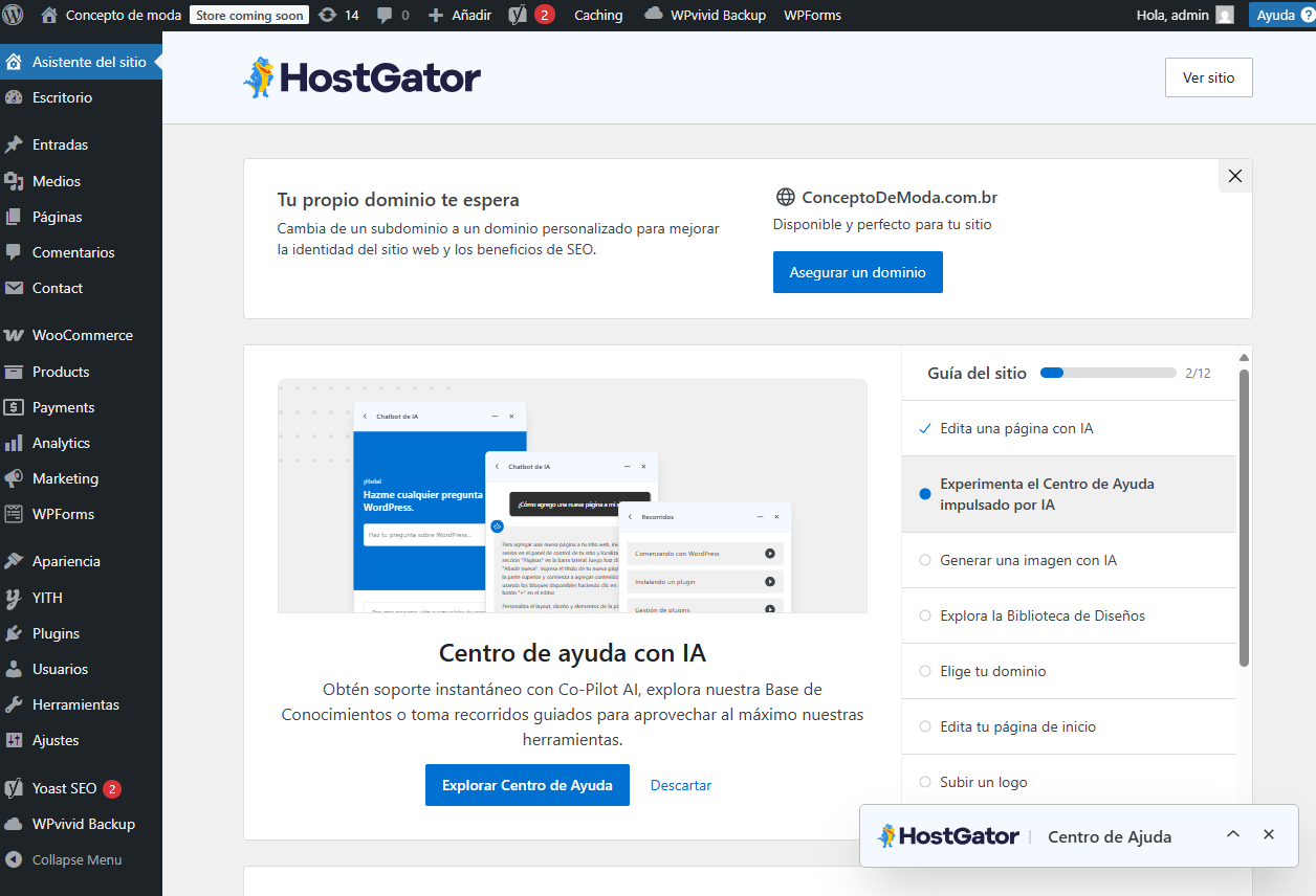 Pantalla del panel de control de HostGator que muestra opciones para crear un sitio web con la ayuda de inteligencia artificial para la optimización de contenido y dominio