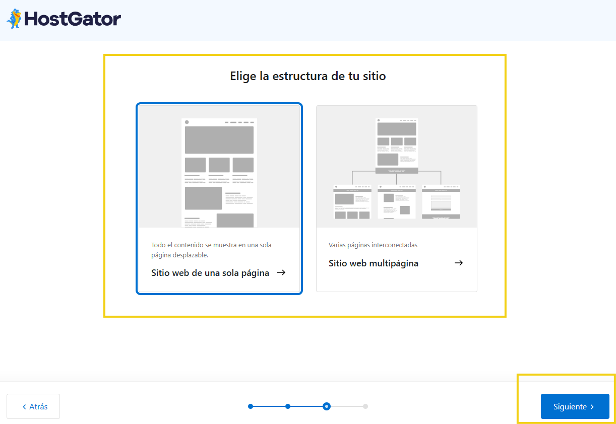 Pantalla de elegir la estructura del sitio