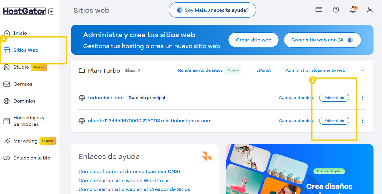 Captura de pantalla del panel de administración de HostGator para la creación y administración de sitios web, centrándose en la sección de administración de dominios y edición de sitios web.