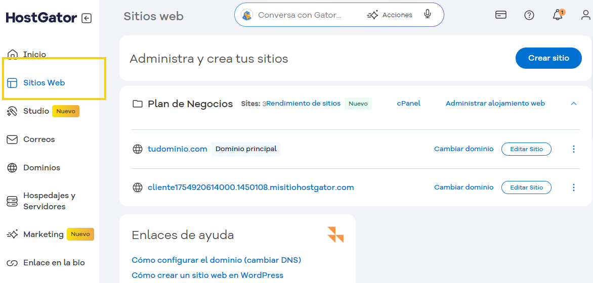Imagen ilustrativa del portal del cliente, destacando en el menu lateral la parte de sitios web