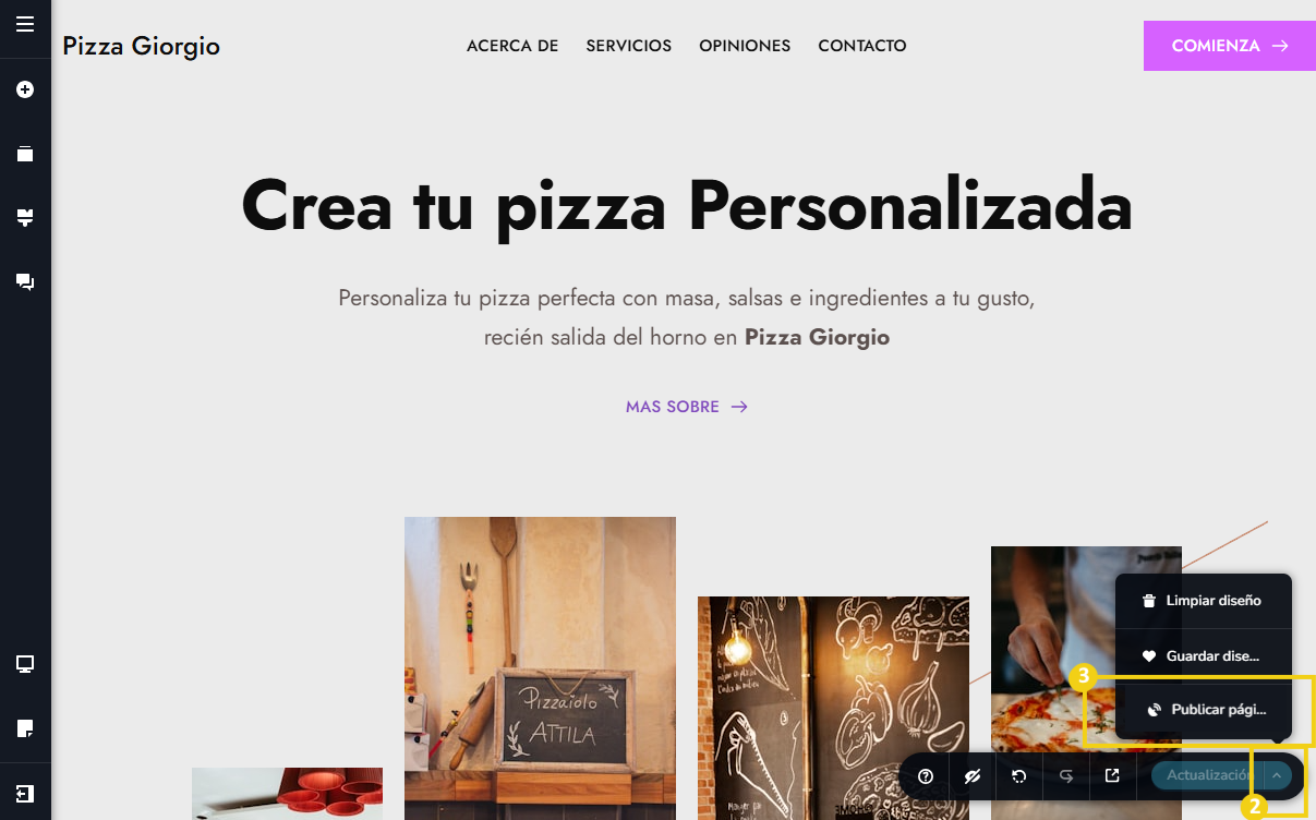 Imagen ilustrativa del editor del creador de sitios con ia, destacando en el menu inferior al lado de actualización haga clic en la flecha, y enseguida publicar