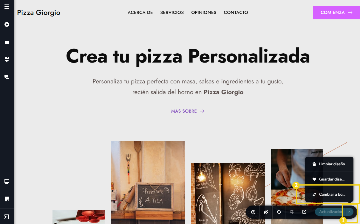 Imagen ilustrativa del editor del creador de sitios con ia, destacando en el menu inferior en el boton atualizacion haga clic en cambiar a borrador