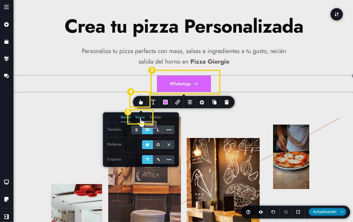 Imagen muestra el nuevo botón agregado, el nombre cambiado y el acceso para incluir el ícono de WhatsApp