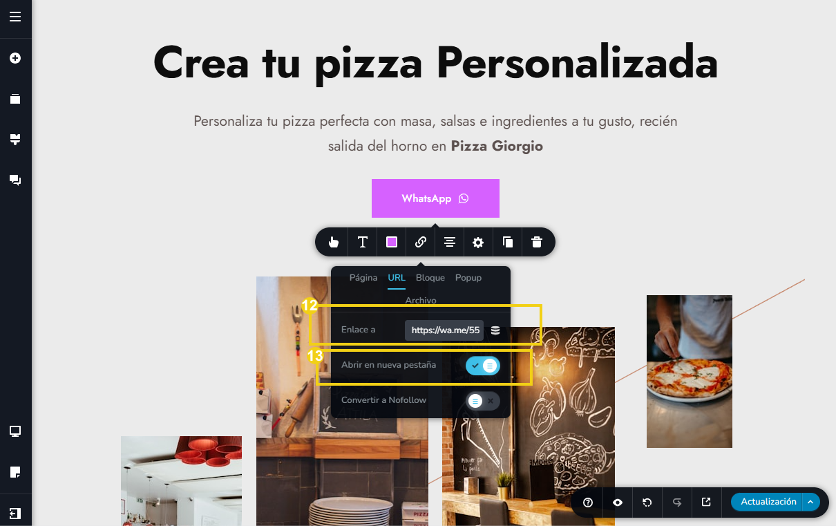 La imagen muestra el enlace de WhatsApp insertado y la configuración activa para abrir en una nueva pestaña