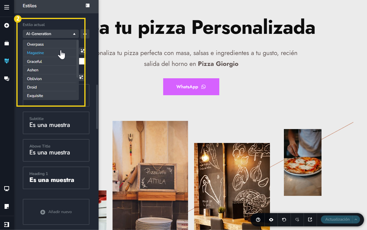 Imagen ilustrativa del editor del creador de sitios con IA, destacando las opciones de estilo actual en el menú lateral