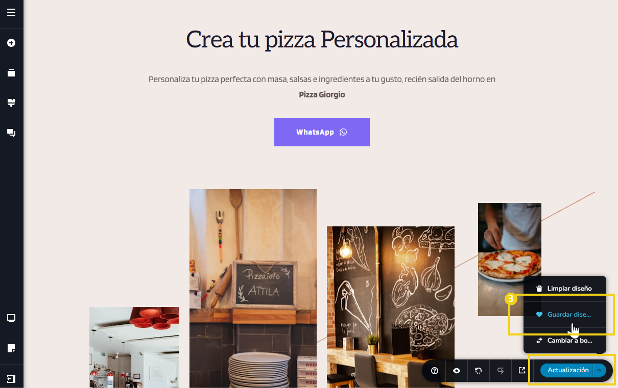Imagen ilustrativa del editor del creador de sitios, destacando en el menú inferior, el botón de guardar diseño