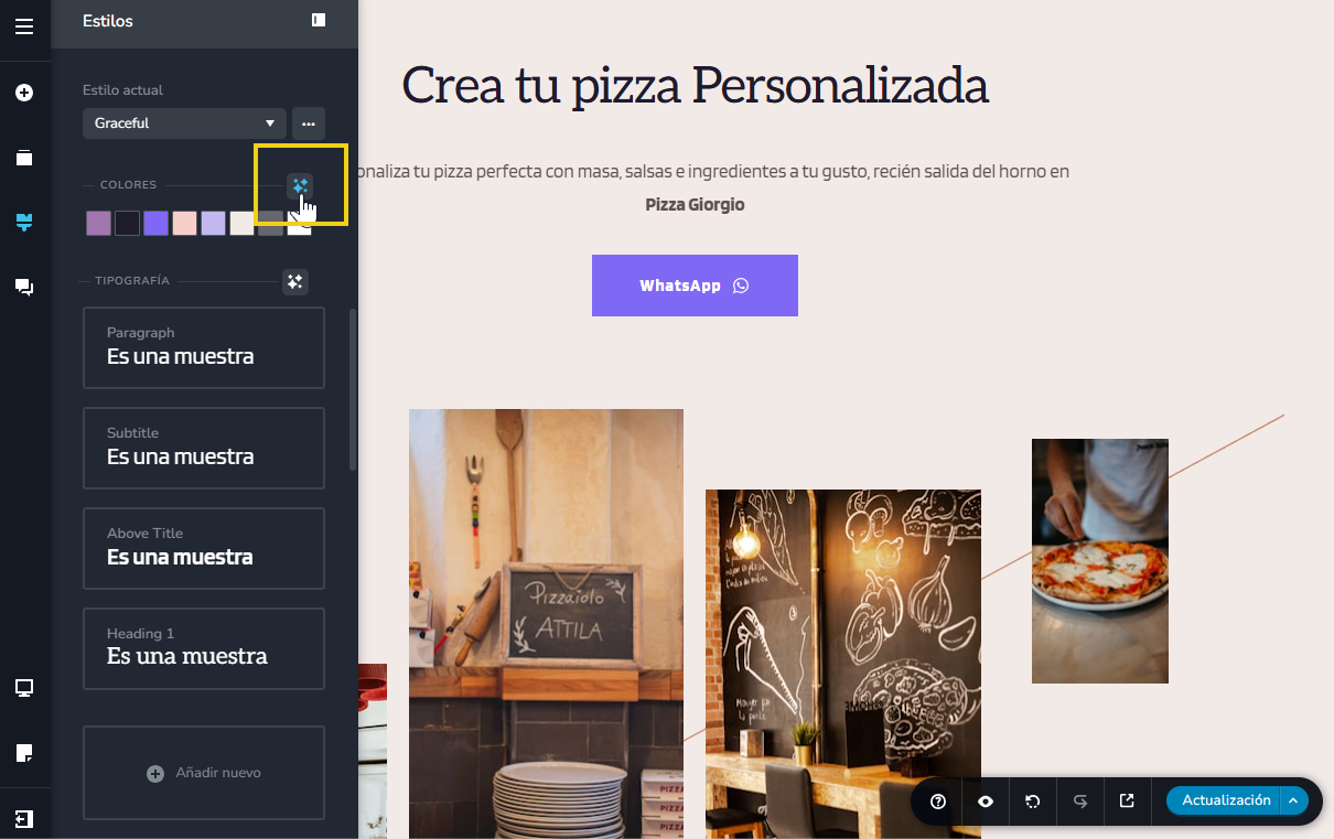 imagen ilustrativa del editor del creador de sitios con ia, destacando dentro del estilo del sitio, la paleta de colores, para ser modificada con sugerencias de IA