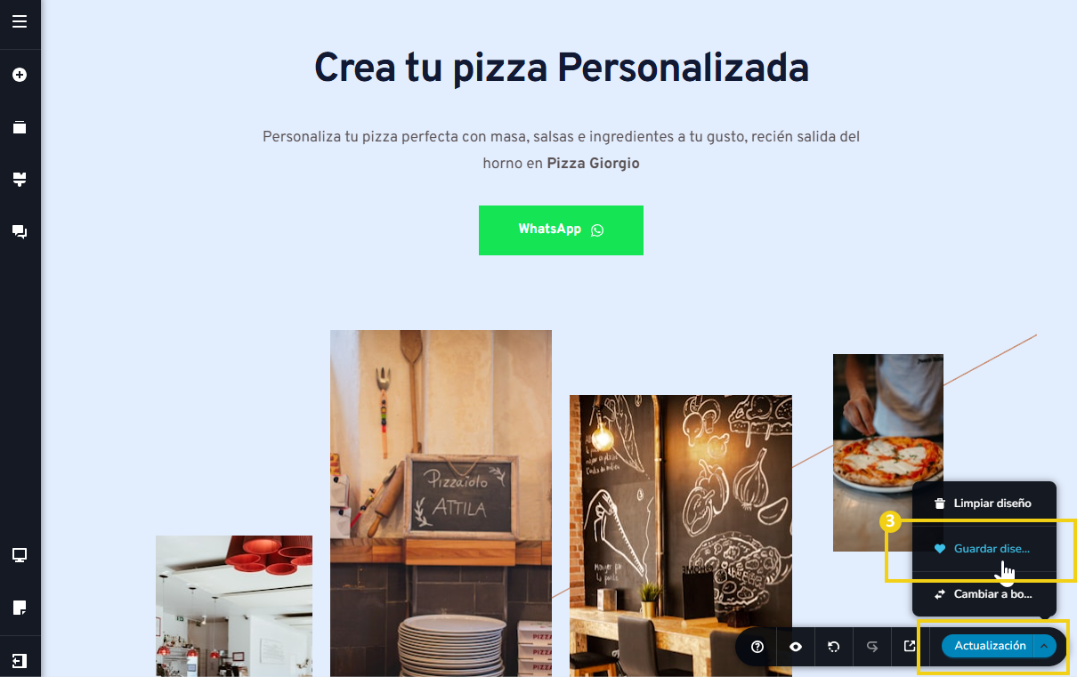 Imagen ilustrativa del editor del creador de sitios, destacando en el menú inferior, el botón de guardar diseño