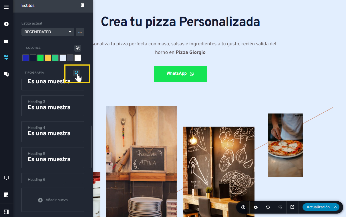 Imagen ilustrativa del editor del creador de sitios, destacando el botón de la IA para sugerencias de tipografía