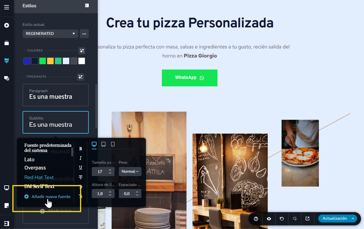 Imagen ilustrativa del editor del creador de sitios, destacando el botón para agregar nueva fuente