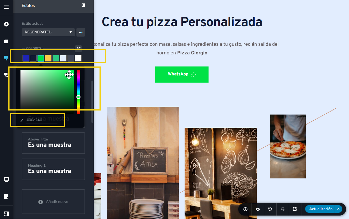 imagen ilustrativa del editor del creador de sitios con ia, destacando dentro del estilo del sitio, la paleta de colores, para ser modificada manualmente eligiendo el color o con código hex