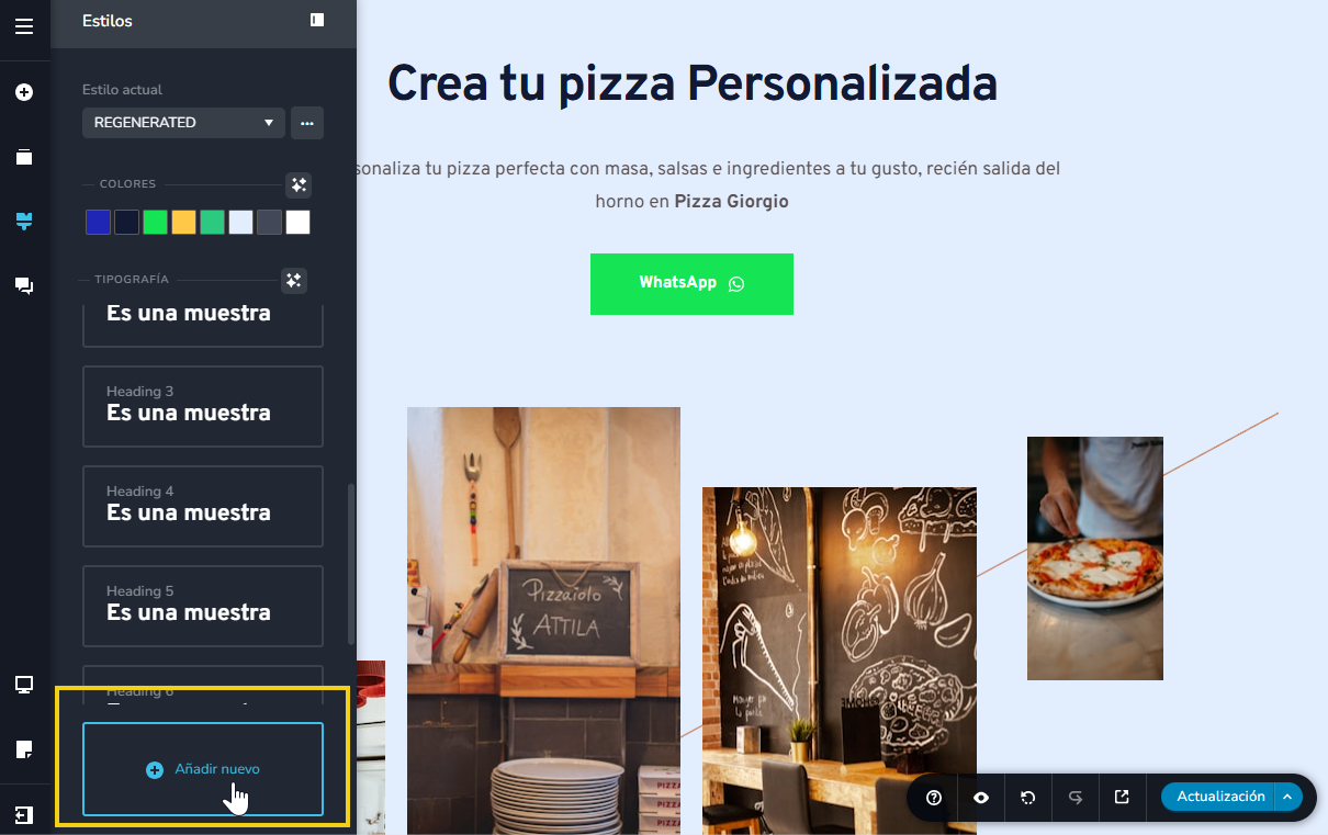 Imagen ilustrativa del editor del creador de sitios, destacando el botón para agregar un nuevo estilo de texto