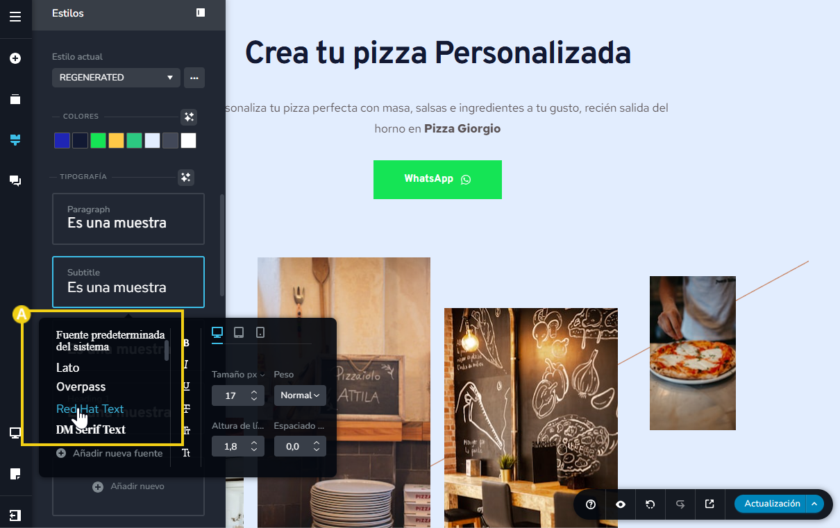 Imagen ilustrativa del editor del creador de sitios, destacando la lista para elegir una fuente