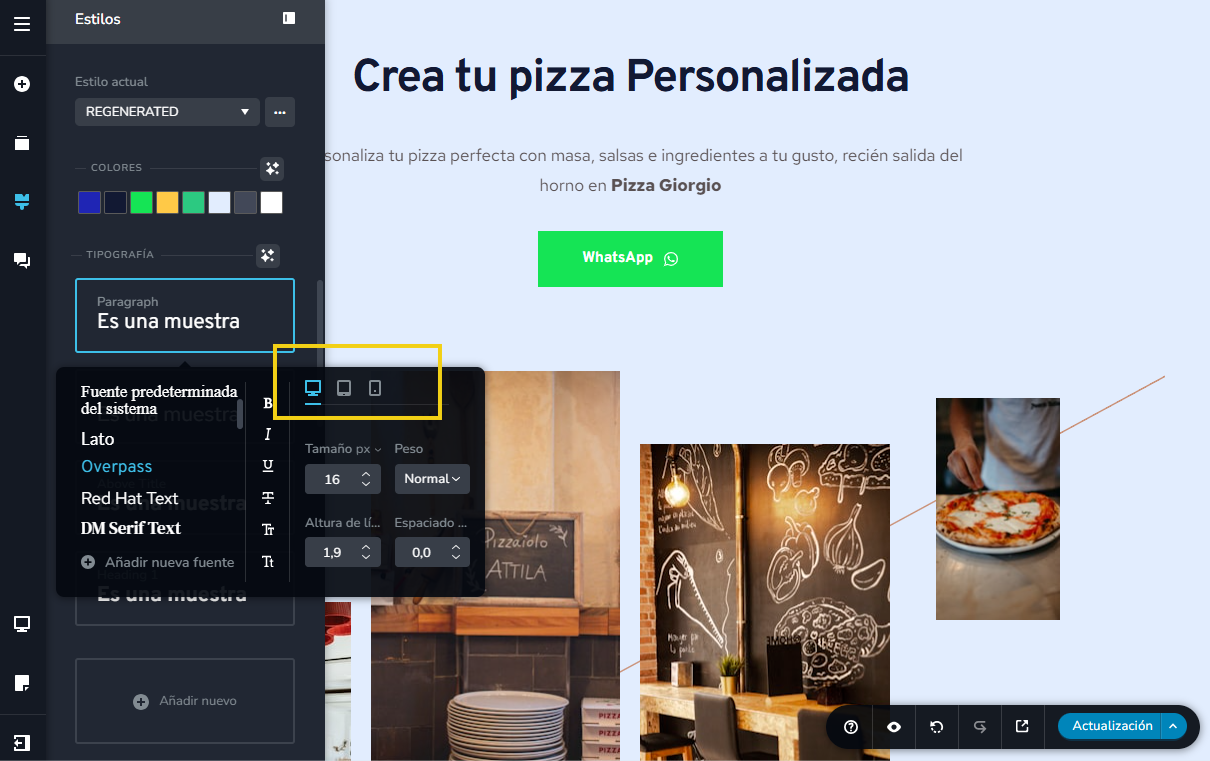 Imagen ilustrativa del editor del creador de sitios, destacando el botón para cambios personalizados para cada dispositivo (computadora, tablet, celular)