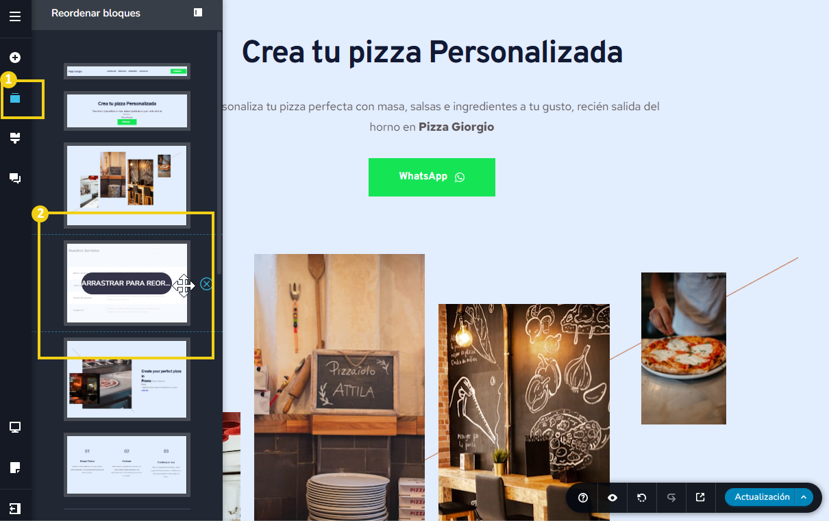 Imagen ilustrativa del editor del creador de sitios, destacando el ícono de bloques