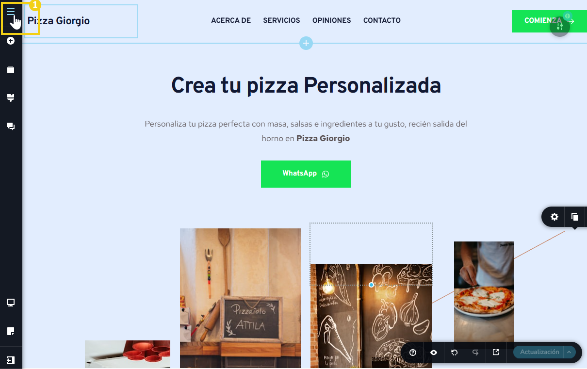 La imagen muestra la pantalla del Editor del Creador de sitios con la marca en el botón que debe ser clicado, el ícono de hamburguesa que está representado por 3 líneas en horizontal
