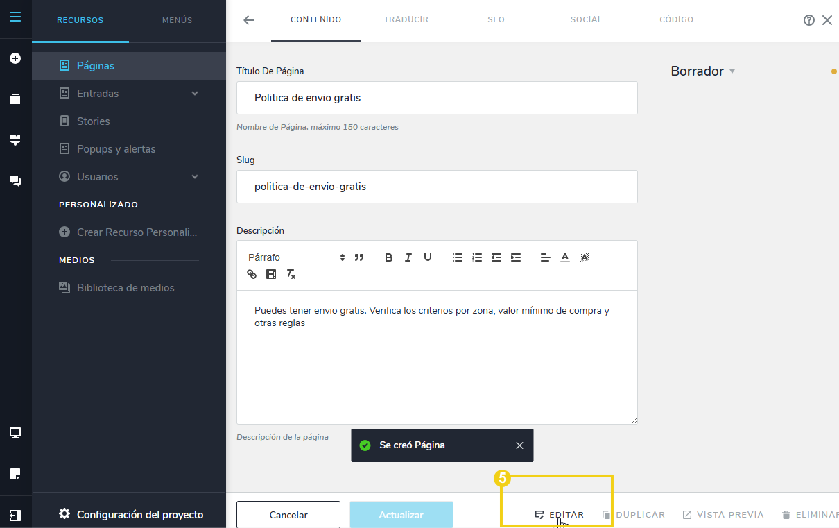 La imagen muestra aún la pantalla para crear la nueva página, ahora para personalizar, se debe hacer clic en "Editar"